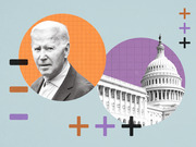 Editorial illustration showing President Biden and the US Capitol building in circular frames with plus and minus symbols on a blue background.