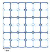 Grid diagram of a 6x6 pattern of blue octagonal shapes with a 1 km scale bar, illustrating a spatial layout or urban planning concept.