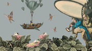 Vintage-style editorial collage featuring hot air balloons, winged figures, fairies in flowers, and a man with a telescope amid giant foliage.