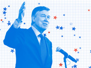 Blue-tinted editorial illustration of a man waving at a microphone, set against a grid background with scattered red and blue stars.