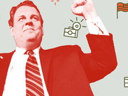 Editorial illustration of a politician in a red suit raising his fist, with decorative icons including a camera, flag, and calendar on a light green background.