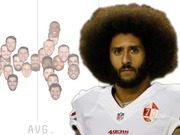 Editorial infographic showing Colin Kaepernick in 49ers uniform alongside a scatter plot of NFL quarterback face icons positioned around an average line.