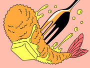 Colorful editorial illustration of a fork piercing fried food with sauce splashing, alongside a small winged insect, on a pink background.