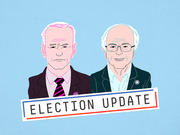 Editorial illustration of two older male political figures in suits with an Election Update banner, on a light blue background.