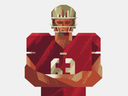 Geometric stylized illustration of an American football player in a red uniform with number 63 and a gold helmet.