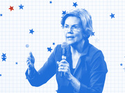 Blue-tinted editorial illustration of a woman speaking into a microphone against a grid background with red and blue stars.