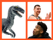 Editorial collage showing a toy velociraptor dinosaur alongside photos of two NBA basketball players on an orange background.