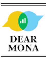Logo featuring two overlapping speech bubbles in teal and yellow with a bar chart icon inside, above the text DEAR MONA.