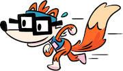 Cartoon illustration of an orange fox wearing oversized black glasses and a blue outfit, running quickly with motion lines.