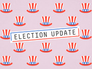 Decorative editorial illustration with repeating Uncle Sam top hats on a pink background and a central label reading Election Update.