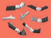 Collage of black-and-white cutout images of handshakes and outstretched hands arranged on a coral-red background.