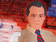Editorial illustration of a man in a shirt and striped tie set against a hockey arena background with players on ice and a red crowd.