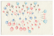 Hand-drawn illustration of colorful stylized flowers with concentric circle blooms in red, blue, pink, and black on textured white paper.