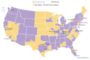 US map showing which states are served by ABC Bakers (yellow) versus Little Brownie Bakers (purple) for Girl Scout cookies.