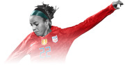 Stylized editorial illustration of a US women's soccer player wearing jersey number 22 with arms outstretched, rendered in red and grayscale.