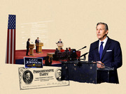 Editorial collage featuring Howard Schultz at a podium, a Gary Johnson campaign sign, a Progressive Party 1912 certificate, a debate photo, and a ballot excerpt about third-party candidates.