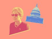 Stylized editorial illustration showing a woman wearing sunglasses and a pearl necklace alongside a blue-tinted US Capitol building on a coral background.