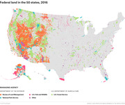 Color-coded map of federal land across all 50 US states in 2016, showing land managed by Bureau of Land Management, National Park Service, US Fish and Wildlife, US Forest Service, and other agencies.