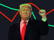 Editorial illustration of Donald Trump with fist raised, overlaid with red and green zigzag lines suggesting stock market or polling trend lines, on a dark background.