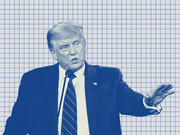 Blue-tinted editorial illustration of Donald Trump speaking at a podium against a grid-paper background, FiveThirtyEight style.