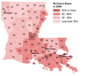 Choropleth map of Louisiana parishes showing John McCain's vote share in the 2008 presidential election, with parishes shaded from light pink to dark red based on percentage ranges.