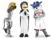Three college sports mascots in grayscale with color accents: Missouri Tigers mascot, a robed figure, and Arizona Wildcats mascot in basketball uniform.