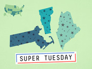 Decorative editorial illustration showing cutout shapes of Massachusetts, Vermont, and Maine with star patterns and a US map inset, labeled Super Tuesday.