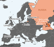 Map of Europe highlighting Russia and the region of Kalmykia with its capital Elista, alongside major European cities for reference.
