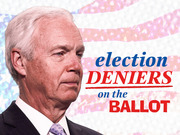 Editorial illustration showing a man's profile against a faded American flag background with the text election DENIERS on the BALLOT.