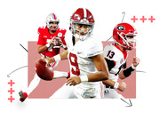 Editorial collage of three college football quarterbacks in red uniforms from Ohio State, Alabama, and Georgia, with decorative plus signs and arrows.