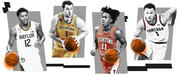 Editorial illustration of four college basketball players in their uniforms from Baylor, Michigan, Fighting Illini, and Gonzaga.