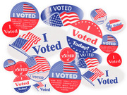 A collage of various I Voted stickers in red, white, and blue featuring American flags and multilingual text.