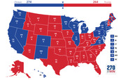 US Electoral College map showing Clinton with 274 electoral votes versus Trump with 264, with states colored blue for Clinton and red for Trump and labeled with their electoral vote counts.