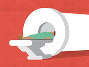 Editorial illustration of a person lying on a table being scanned inside an MRI machine, depicted in a flat graphic style against a red background.