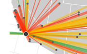 A radial map visualization showing lines emanating from a central point on what appears to be a US map, with lines colored in red, orange, yellow, and green.