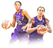 Editorial illustration of two Phoenix Mercury WNBA players in purple uniforms holding basketballs.