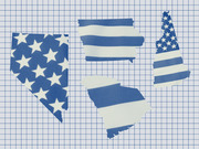 Editorial illustration showing four US state silhouettes filled with American flag patterns in blue and white on a grid background.