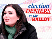 Editorial illustration for a FiveThirtyEight article titled Election Deniers on the Ballot, featuring a woman against a faded American flag background.
