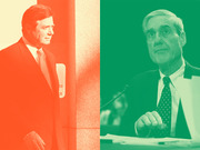 Duotone editorial illustration showing two men in suits side by side, one tinted orange and one tinted green, likely Paul Manafort and Robert Mueller.