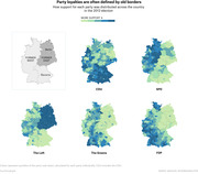 Small multiple choropleth maps of Germany showing regional support for five parties (CDU, SPD, The Left, The Greens, FDP) in the 2013 election, illustrating how party loyalties align with former East/West borders.