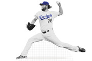 Black and white editorial illustration of a Los Angeles Dodgers pitcher wearing number 22 in a throwing stance, with a faint grid background.