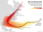 Map showing five-day projected path cones for Hurricane Ike in 2008, tracking from Sept. 1 through Sept. 9 near Havana to Sept. 15 near the US Northeast, with color gradient indicating more recent projections.