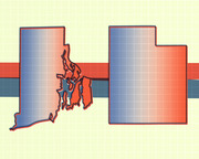 Editorial illustration showing outlines of two US states, Rhode Island and Utah, with blue-to-red gradient fills on a grid background with horizontal red and teal stripes.