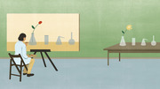Editorial illustration of a person in a lab coat painting a still life of laboratory glassware on a canvas, with actual lab glassware and a flower on a table nearby.