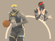 Editorial illustration showing two NBA basketball players, one in a Golden State Warriors jersey and one in a Toronto Raptors jersey, on a tan background with curved lines.