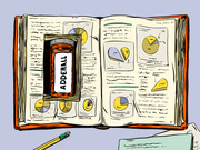 Editorial illustration of an open book filled with pie charts and data graphics, with an Adderall prescription bottle framed on the left page, a pencil and papers nearby.