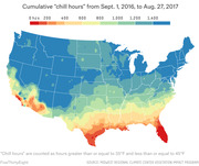 Choropleth map of the contiguous US showing cumulative chill hours from Sept. 1, 2016 to Aug. 27, 2017, with red indicating low hours in the south and blue indicating high hours in the north.