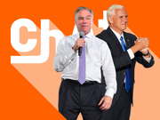 Editorial illustration showing Tim Kaine and Mike Pence back-to-back on an orange background with partial text reading chat.