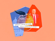 Editorial collage illustration showing Trump impeachment resolution with a peach, Capitol building, and text of Article I: Abuse of Power and Article II: Obstruction of Congress.