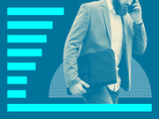 Editorial illustration showing a bearded businessman on a phone with a briefcase overlaid on a blue background with cyan bar chart shapes.